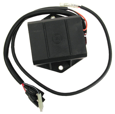 CDI Module for Polaris Indy XLT Snowmobiles (1993-1997) featuring a black electronic device with attached wires, including close-up views of black and red cables, and adapter components.