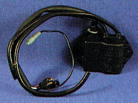 CDI Module for Polaris Trail and Long Track Snowmobiles (1984-1989) shown with a black wire and cable, highlighting its universal chassis design and compatibility with original mounting holes.