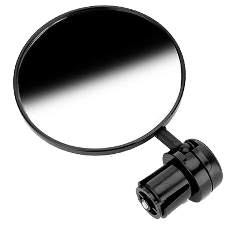 CE-1 Bar End Mirror, a black round mirror with a black handle, designed for bikes and scooters, ideal for enhanced visibility and safety.