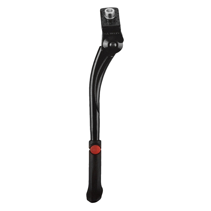 Push Button Quick-Adjust Center Mount Bicycle Kickstand: Features a black lever handle with a red adjustment button, ideal for keeping bikes upright and off the ground.