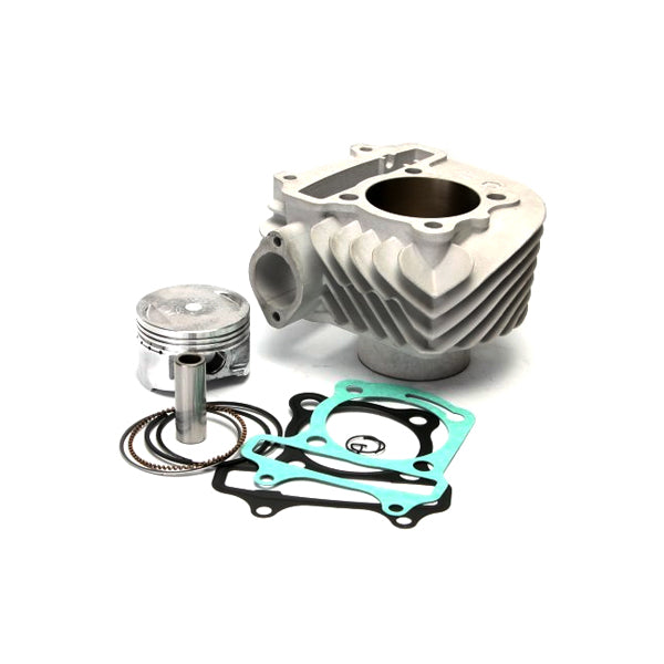 Close-up of the Ceramic Cylinder Kit for 150cc GY6 Engines, featuring a white metal cylinder head and several gaskets on a table. Ideal for enhancing scooter performance.