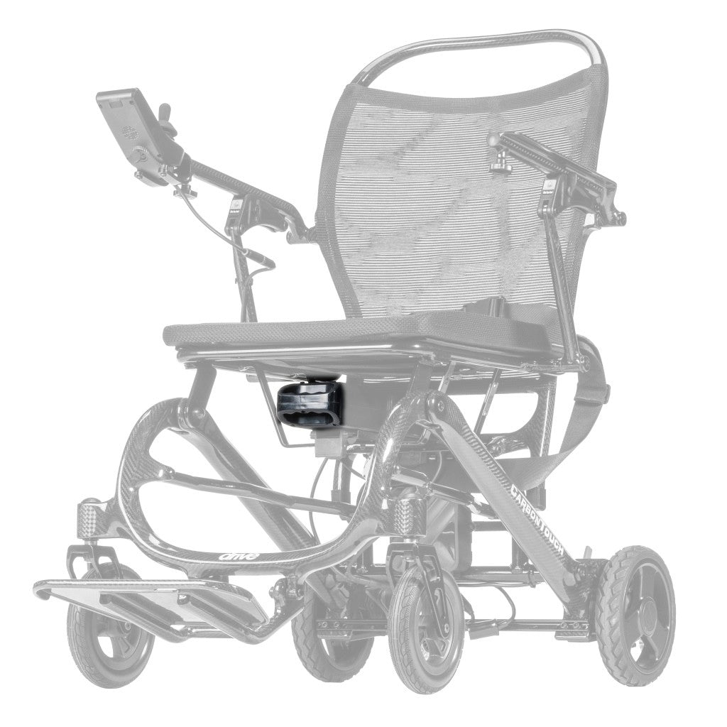 CFPC17FS-03 24 volt 12 Ah lithium-ion battery pack shown in color on the Drive Medical CarbonTouch Power Wheelchair (CFPC17FS), rest of the power chair greyed out