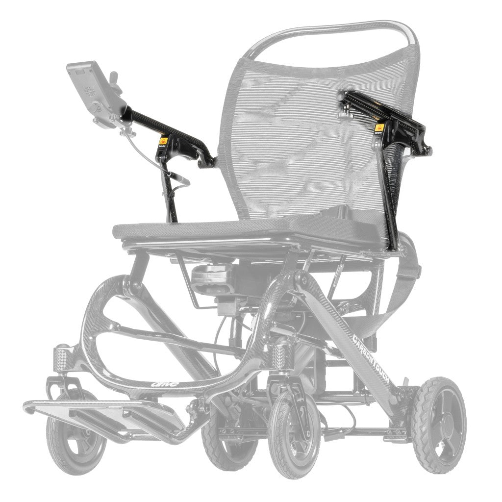 CFPC17FS-17 / CFPC17FS-18 armrest assembly (left and right) shown in color on the Drive Medical CarbonTouch Power Wheelchair (CFPC17FS), rest of the power chair greyed out