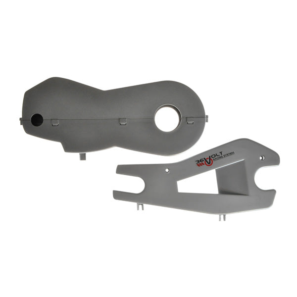 Chain Cover for the Minimoto Maxii 400: A grey plastic object with holes, shown in a close-up, used to protect the bike's chain. Slight blemishes may be present but do not affect performance.