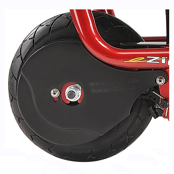 Chain Guard for the eZip 4.5, shown mounted on a bike wheel, highlighting its fit and function as a black plastic replacement part for the eZip 4.5 electric scooter.