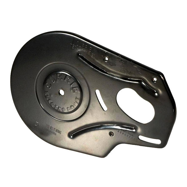 Chain Guard Motor Mount Plate for Currie Scooters, a black metal object with strategically placed holes, designed to protect the chain and sprocket while providing a mounting area for the motor.