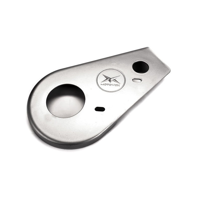 Plastic Chain Guard for the Motovox MVS10, featuring a silver design with multiple holes, essential for protecting the scooter's chain mechanism.