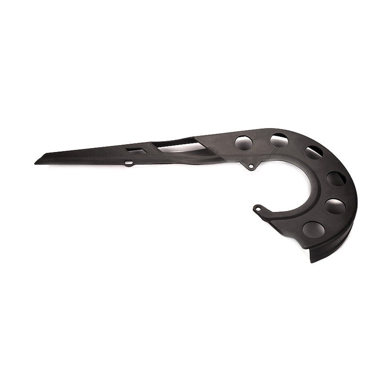 Black Plastic Chain Guard for the Motovox MVX70 Pit Bike, featuring a sturdy black metal object with precision holes, designed to protect the chain and ensure smooth operation.