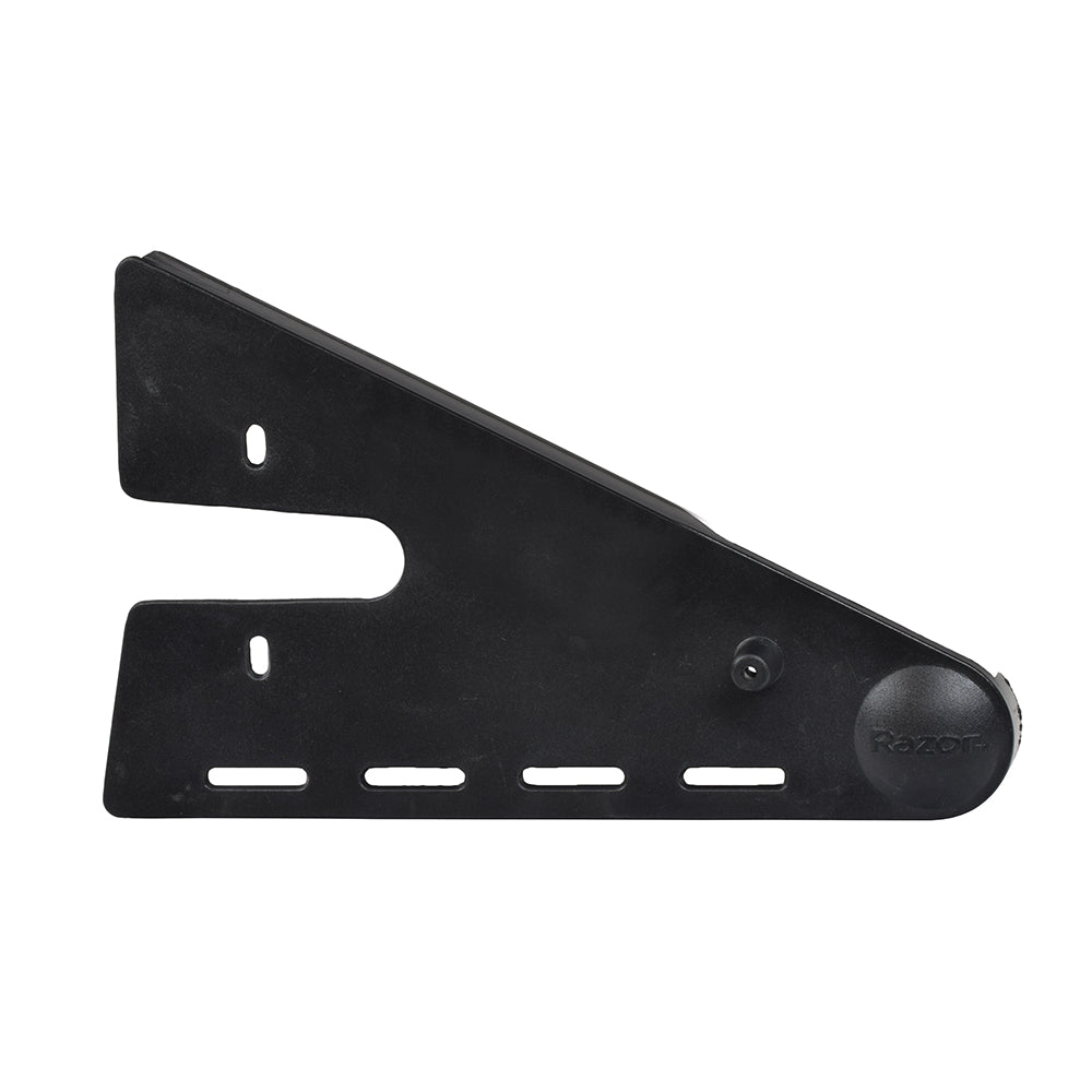 Chain Guard for Razor Pocket Rocket (PR200), Versions 1-2: A black metal bracket with multiple holes designed to protect the chain from dirt and debris.