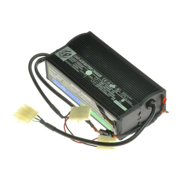 24 Volt 3.0 Amp On-Board Charger for the Amigo Fiesta III, featuring a black electronic device with visible wires and a close-up view of the battery charger unit.