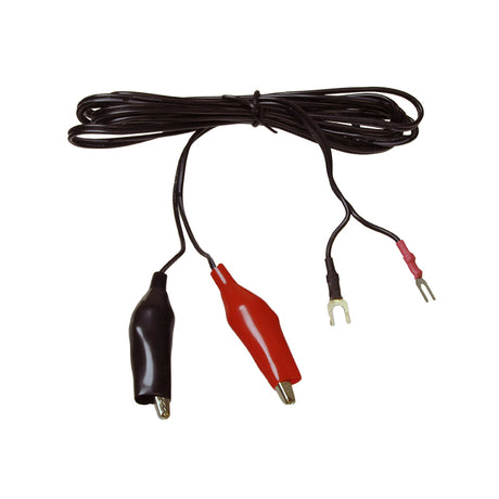 Battery Charger Cord with Alligator Clips, featuring a black wire with attached red and black wires, designed for easy connection to 12-volt scooter and motorcycle batteries.