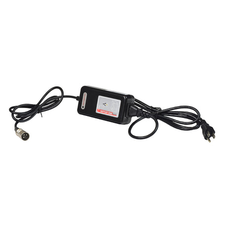 24 Volt 2.0 Amp XLR Battery Charger for the Golden Buzzaround Series & LiteRider Series, showing a black device with a white label, power cord, and LED indicator lights.