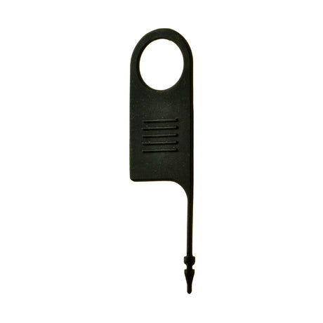 Rubber Charger Port Cover for the Pride Victory and Rally Scooters, shown as a close-up of a black plastic object with a small hole, designed to protect against dirt, dust, and moisture.