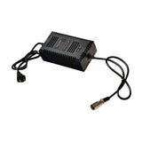 24 Volt 1.6 Amp XLR Battery Charger for the Uber Scoot 100W, featuring a black electronic device with attached wires and a close-up of an XLR plug connector.