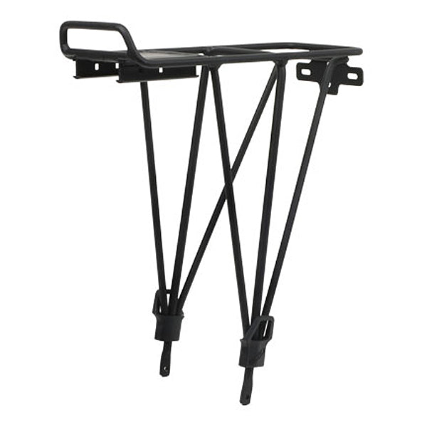 Child Carrier Baby Seat with Steel Rear Rack for 26 Bicycles, featuring a black metal bike rack and safety harness, foot straps, and padded grab bar.