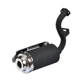 Gas Scooter Parts: Chrome Exhaust Pipe for 33cc, 36cc, 43cc, 49cc & 52cc Engines, showing a black and silver muffler with a 1-9/16 mounting hole distance, suitable for 2-stroke engines.