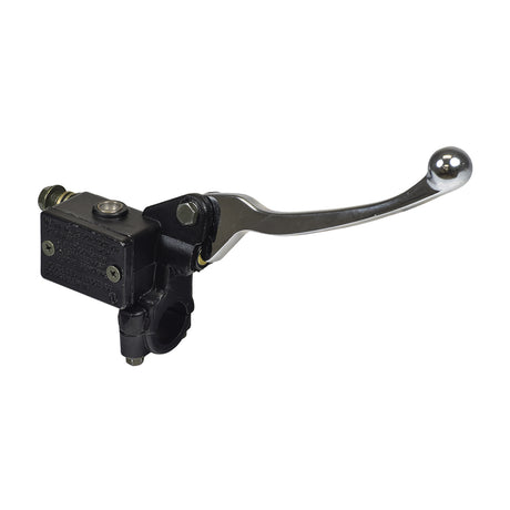 Chrome Right Side Brake Lever with Master Cylinder for QMB139 Scooters, featuring a round metal handle and detailed bolts, ideal for various recent scooter models using the QMB139 GY6 engine.