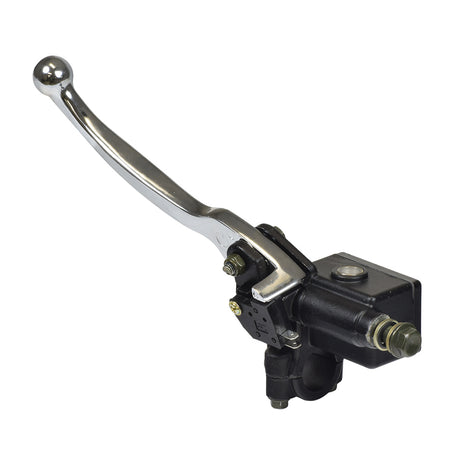 Chrome Right Side Brake Lever with Master Cylinder for QMB139 Scooters, featuring a sleek black handle and silver lever, designed to fit various scooter models using the QMB139 GY6 engine.