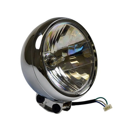 12 Volt Chrome Metal Headlight Assembly for the Baja Mini Bike MB200 with 3 Wires (MB200-149), featuring a round chrome headlight with attached wires.