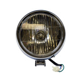 12 Volt Chrome Metal Headlight Assembly for the Baja Mini Bike MB200 with 3 Wires (MB200-149), featuring a round headlight with an attached wire, shown in a close-up view.