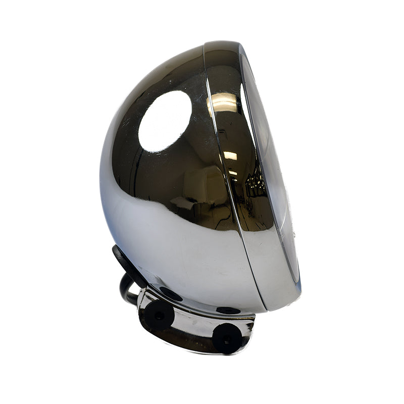 12 Volt Chrome Metal Headlight Assembly for the Baja Mini Bike MB200 with 3 Wires (MB200-149) featuring a shiny chrome finish and a black cord, designed for a 35 watt bulb.