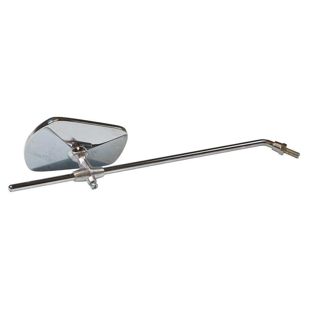 Chrome Trapezoidal Mirror for Vintage Vespa Scooters featuring a long rod, chrome finish, and mounting handle, suitable for both left and right sides.