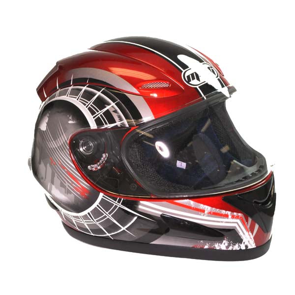 Large City Red Full Face Helmet CLEARANCE - a sleek, red and black motorcycle helmet with full-face coverage, featuring two interchangeable visors (clear and tinted) for enhanced protection and style, DOT compliant.