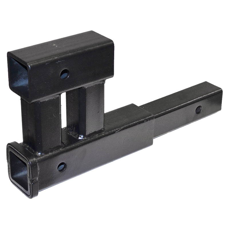 Class III 2” Dual Hitch Receiver (B-Dawg) featuring a black metal piece with multiple holes, designed for towing trailers and attaching hitch accessories, fitting any Class III 2 receiver.