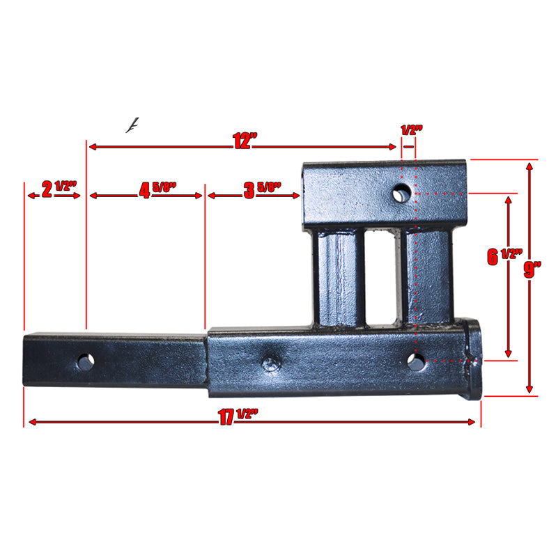 Class III 2” Dual Hitch Receiver (B-Dawg) showing a close-up of its metal structure with visible measurements and holes, designed for dual purposes of towing and accessory attachments.