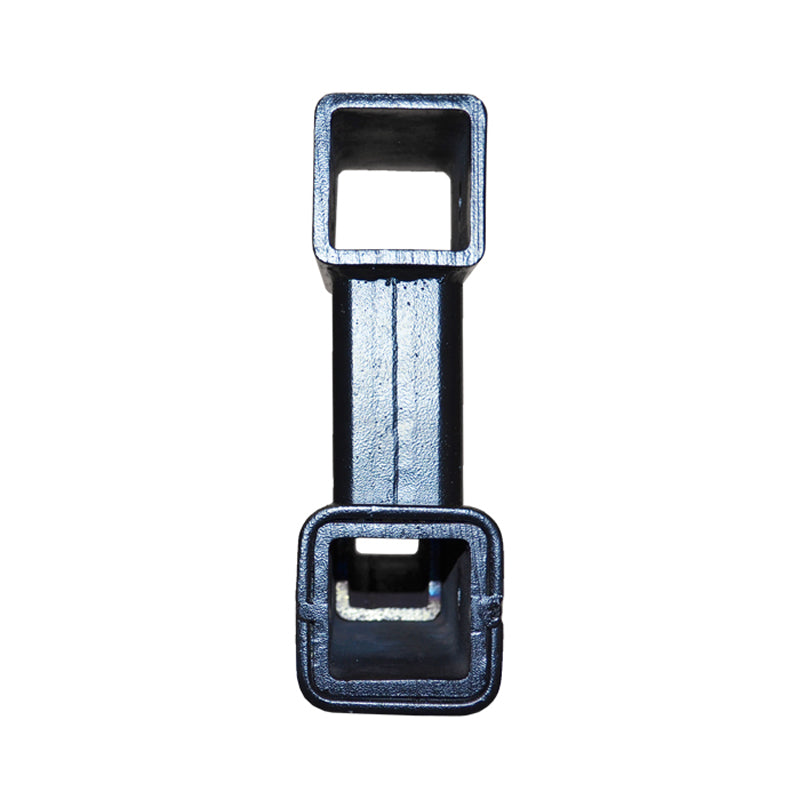 Class III 2” Dual Hitch Receiver (B-Dawg) showing a black metal object with square holes and a close-up of a cylindrical part, designed for towing trailers and carrying accessories with two receivers.