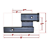 Close-up of a black metal Class III (2) Hitch Riser with red lines, designed to fit 2 hitch receivers, providing a 4-1/2 raise or drop for various hitch connections.