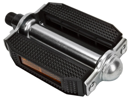 Classic Rock Plastic Pedals featuring a black and silver design with a built-in reflector, ideal for bikes and scooters.