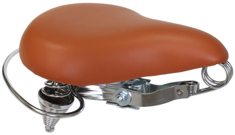 Classic Saddle Seat for Bikes & Scooters: A close-up of a brown bicycle seat with springs, showcasing its timeless, comfortable design ideal for traditional cruiser style bikes.