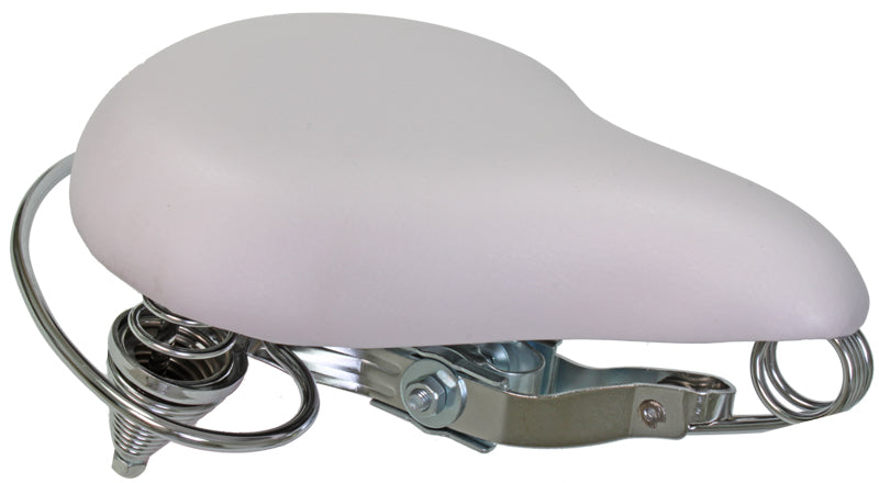 Classic Saddle Seat for Bikes & Scooters, showcasing a white bicycle seat with metal springs, ideal for traditional cruiser style bikes. This timeless design continues to be a favorite among cyclists.