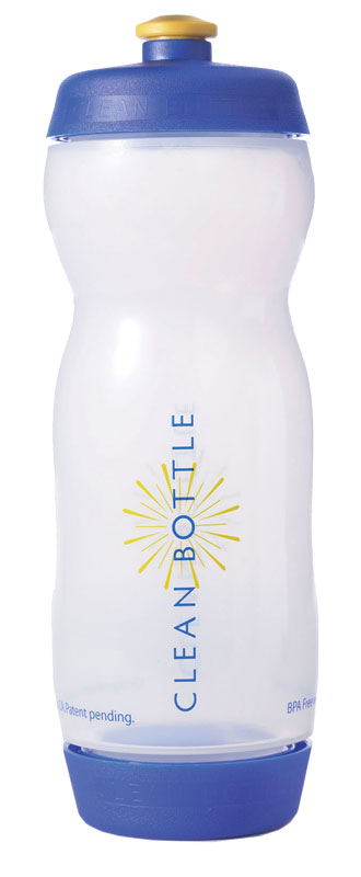 Clean Designs Clean Bottle: A white plastic bottle with blue and yellow text, featuring a yellow logo. Ideal for hydration, it's leak-proof and BPA-free, designed for easy cleaning with unscrewable ends.