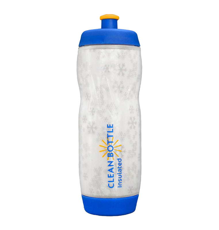 Clean Designs Insulated Clean Bottle with a blue lid, designed to keep beverages at the desired temperature, featuring a secure, leak-proof design with washers at both ends for easy cleaning.