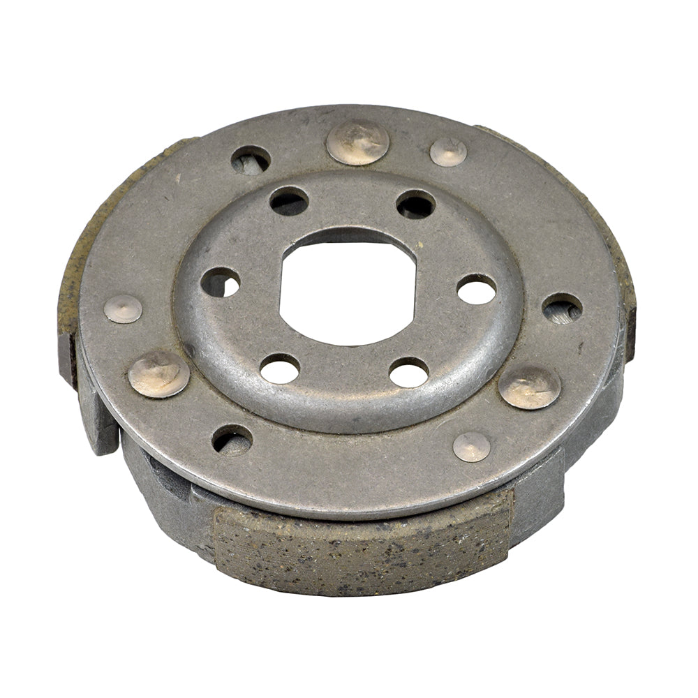 50cc GY6 Scooter & Go-Kart Clutch Shoe Assembly featuring a circular metal object with holes, including clutch pads, springs, and metal backing plate. Suitable for 50cc street scooters and go-karts.