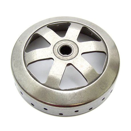 Clutch Bell for 50cc GY6 QMB139 Engines by NCY: A metal circular object with holes, designed for improved acceleration and cooling in scooter transmissions.