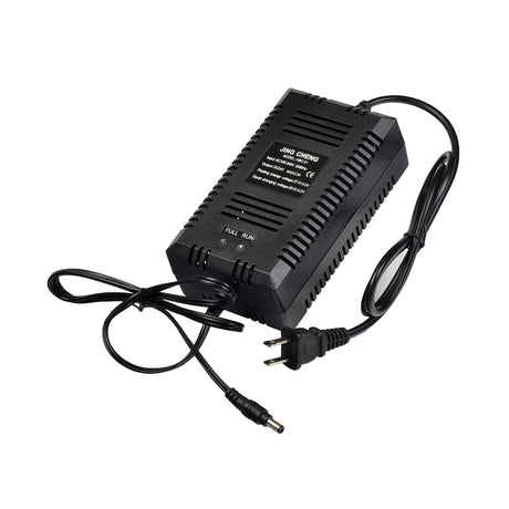 24 Volt 2.0 Amp 2.1 mm ID Coaxial Battery Charger with black power supply and attached wires, featuring an LED indicator for charge status and a barrel plug connector.