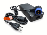 Blue 8-pin right-angle charging plug and 3-prong AC power cord for the Coleman EVB200 60 Volt battery charger