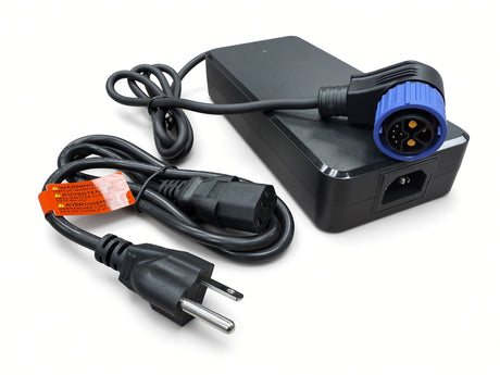 Blue 8-pin right-angle charging plug and 3-prong AC power cord for the Coleman EVB200 60 Volt battery charger