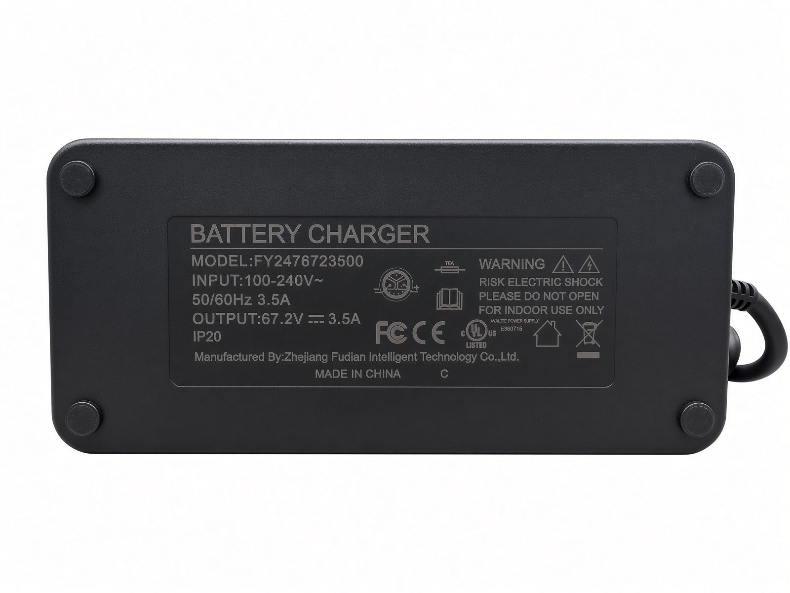 Coleman EVB200 battery charger label, model FY2476723500, input 100-240V 3.5A, output 67.2V 3.5A