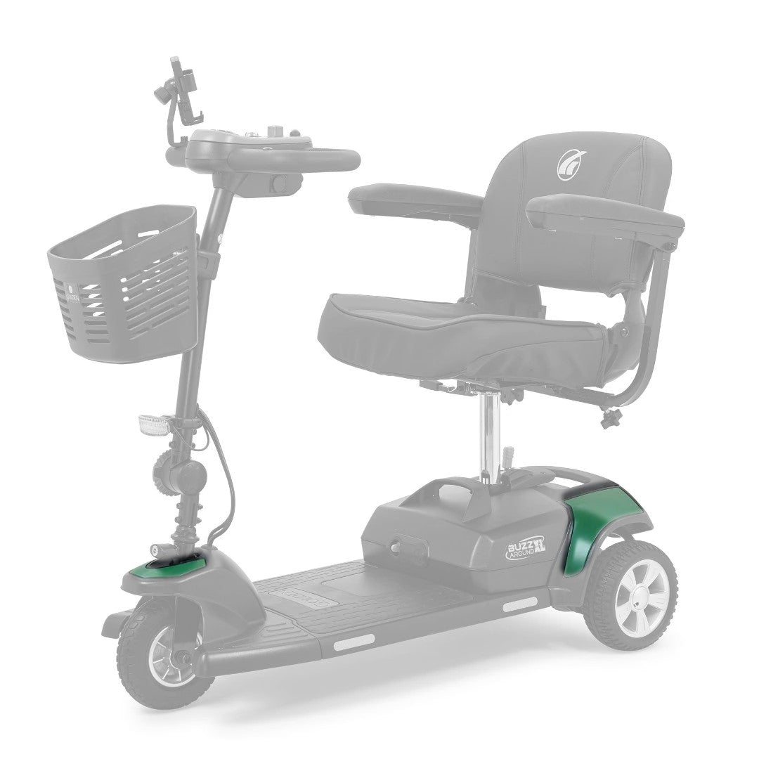 Army Green color shroud kit shown in color on the Golden Buzzaround XL 3-Wheel GB121, rest of the scooter greyed out