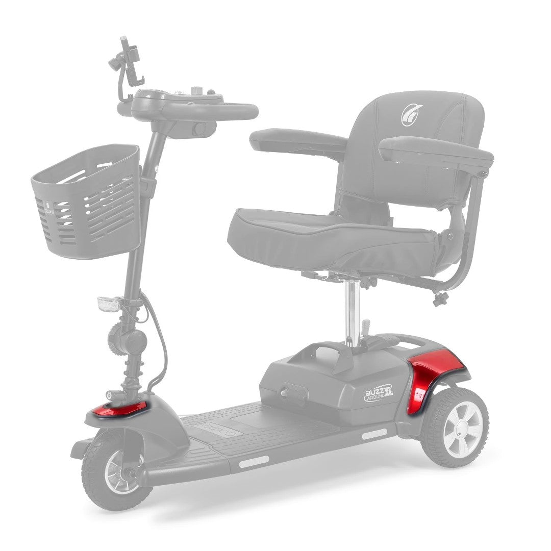 Red shroud kit shown in color on the Golden Buzzaround XL 3-Wheel GB121, rest of the scooter greyed out
