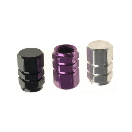 Metal Valve Stem Cap for Scooters, Bikes, and ATVs, shown in a close-up shot, highlighting its precise machined aluminum design and compatibility with Schrader-style valves.