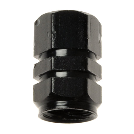 Metal Valve Stem Cap for Scooters, Bikes, and ATVs – a close-up of a black metal nut, showcasing its precise machined aluminum finish, designed for Schrader-style valve stems.