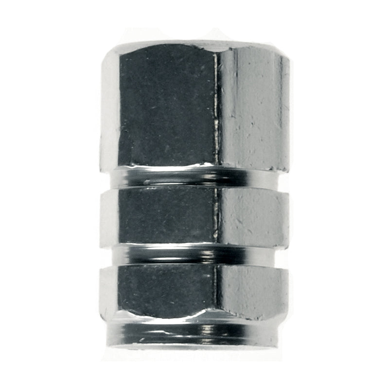 Close-up of a metal valve stem cap for scooters, bikes, and ATVs, showcasing its sturdy machined aluminum construction.