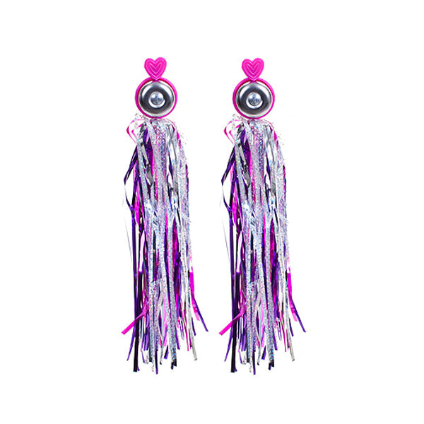 Bell & Streamers Combo: A pair of vibrant tassel streamers attached to handlebar grips, perfect for junior cyclists. Includes a ping bell and pink and purple streamers for added fun and style.