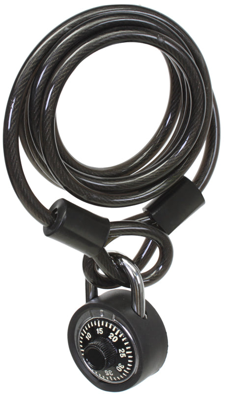 Close-up of the Combo Lock and Cable, showcasing the lock mechanism. Designed for bikes and scooters, this Sunlite accessory offers security and practicality for various types of scooters and bicycles.