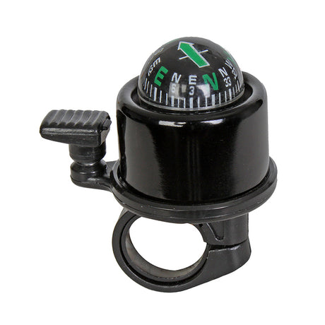 Compass Bell from Sunlite, featuring a compact black design with an integrated, easy-to-read compass on top, perfect for handlebars, providing both navigation and a pleasant ring-a-ding-ding sound.